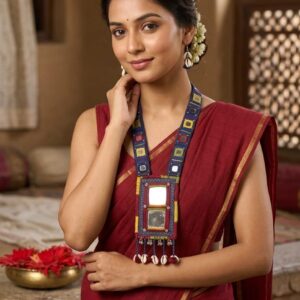handcrafted tribal mirror pendant necklace with embroidered strap and shell drops