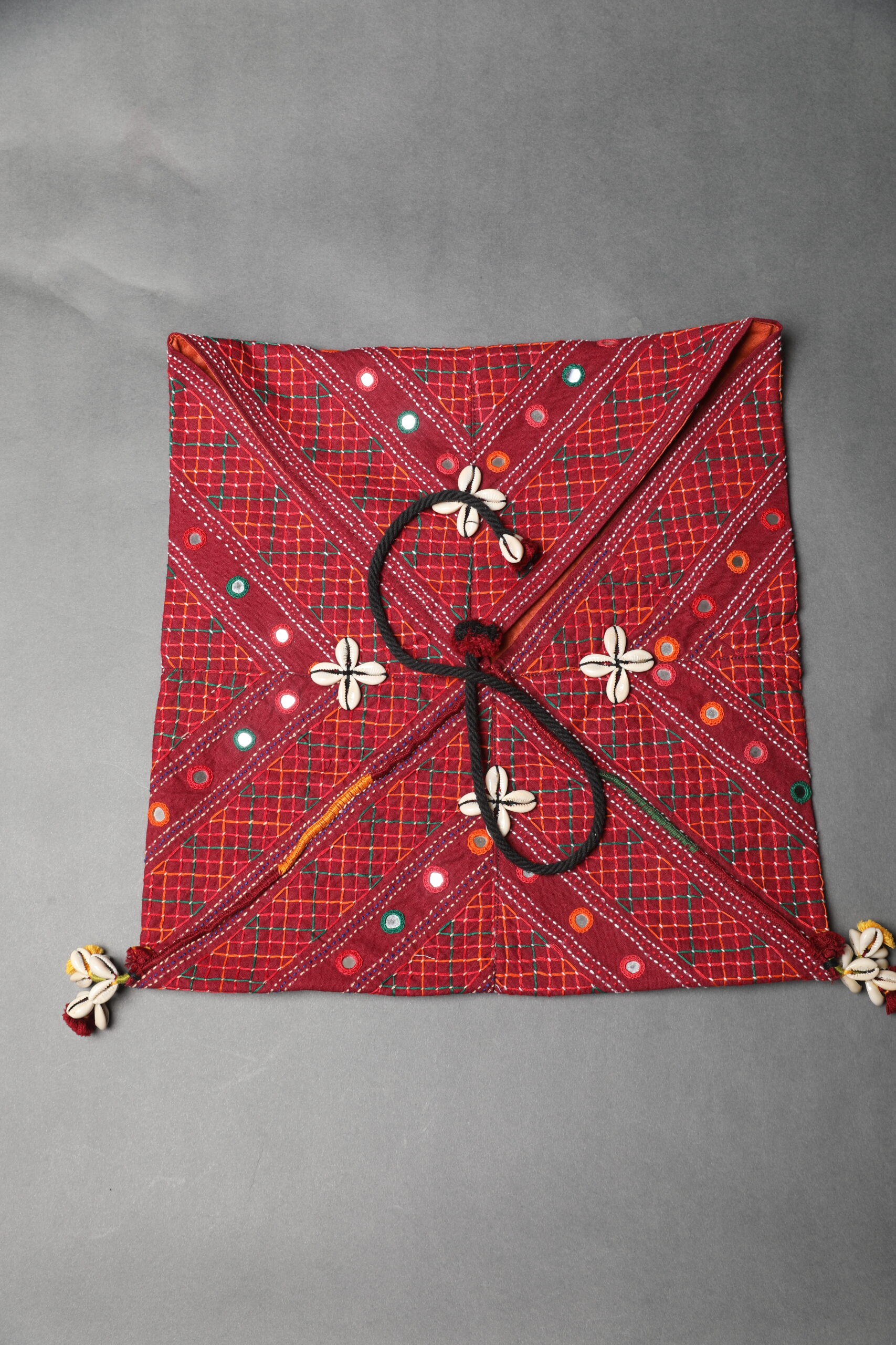 handcrafted i khalchi wall hanging with pocket | embroidered ethnic décor with shell tassels & hanging cord