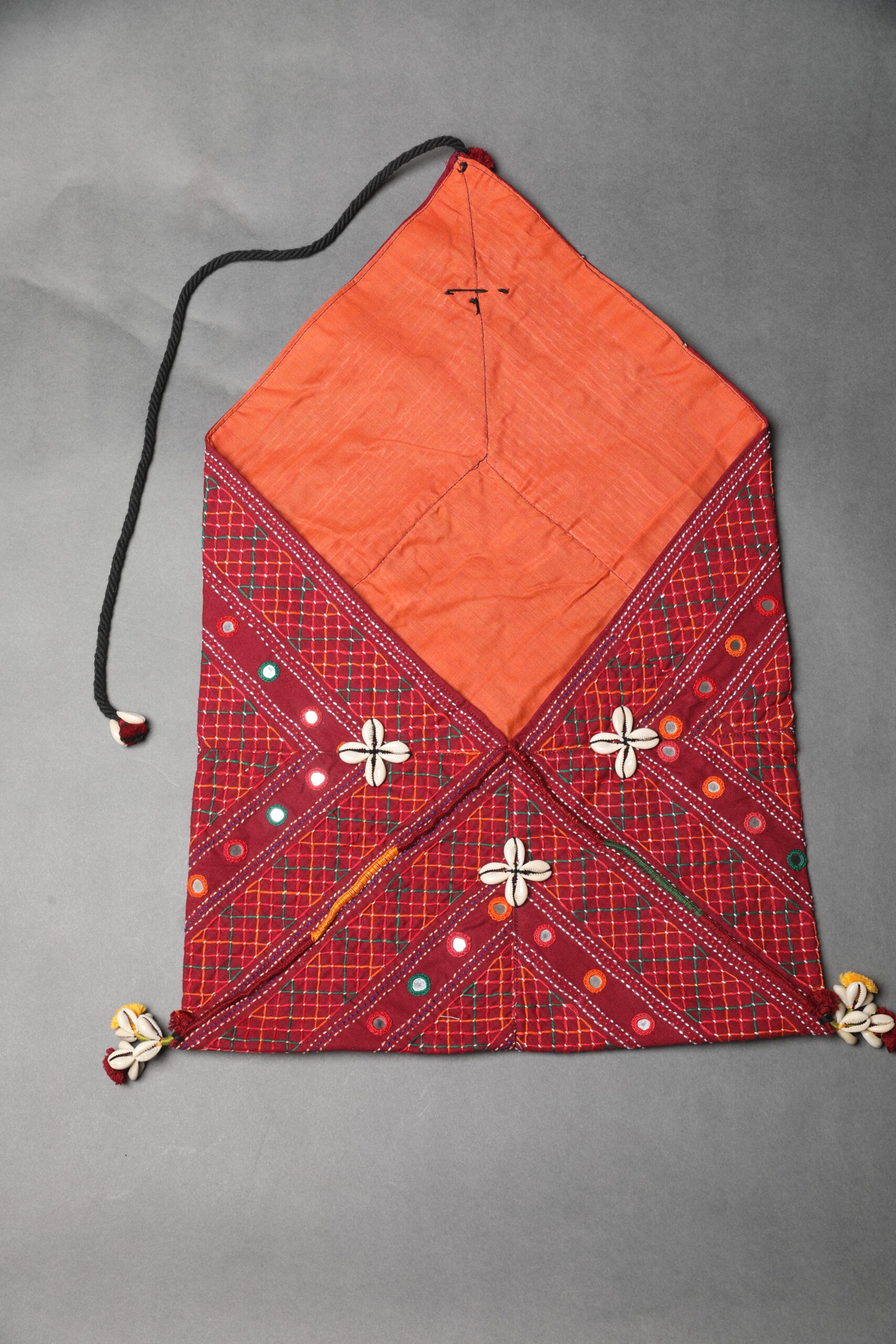 handcrafted i khalchi wall hanging with pocket | embroidered ethnic décor with shell tassels & hanging cord