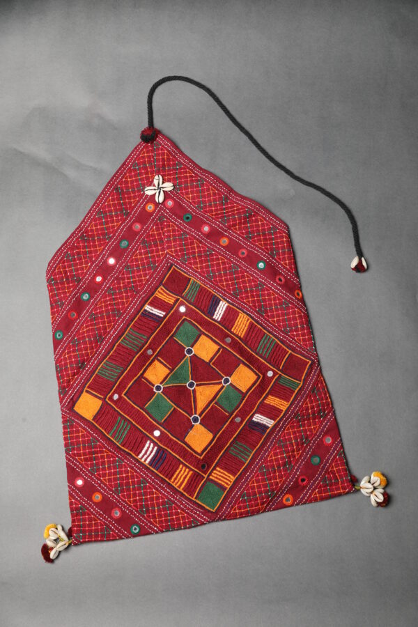 handcrafted i khalchi wall hanging with pocket | embroidered ethnic décor with shell tassels & hanging cord