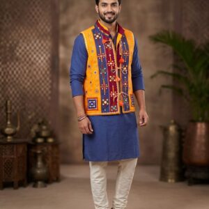 men’s yellow multicolor embroidered ethnic nehru jacket