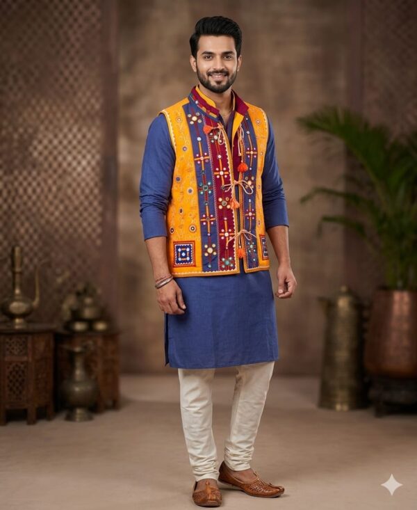 men’s yellow multicolor embroidered ethnic nehru jacket