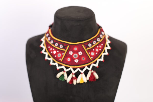 handcrafted GORMAATI mirror work choker necklace set with shell drops