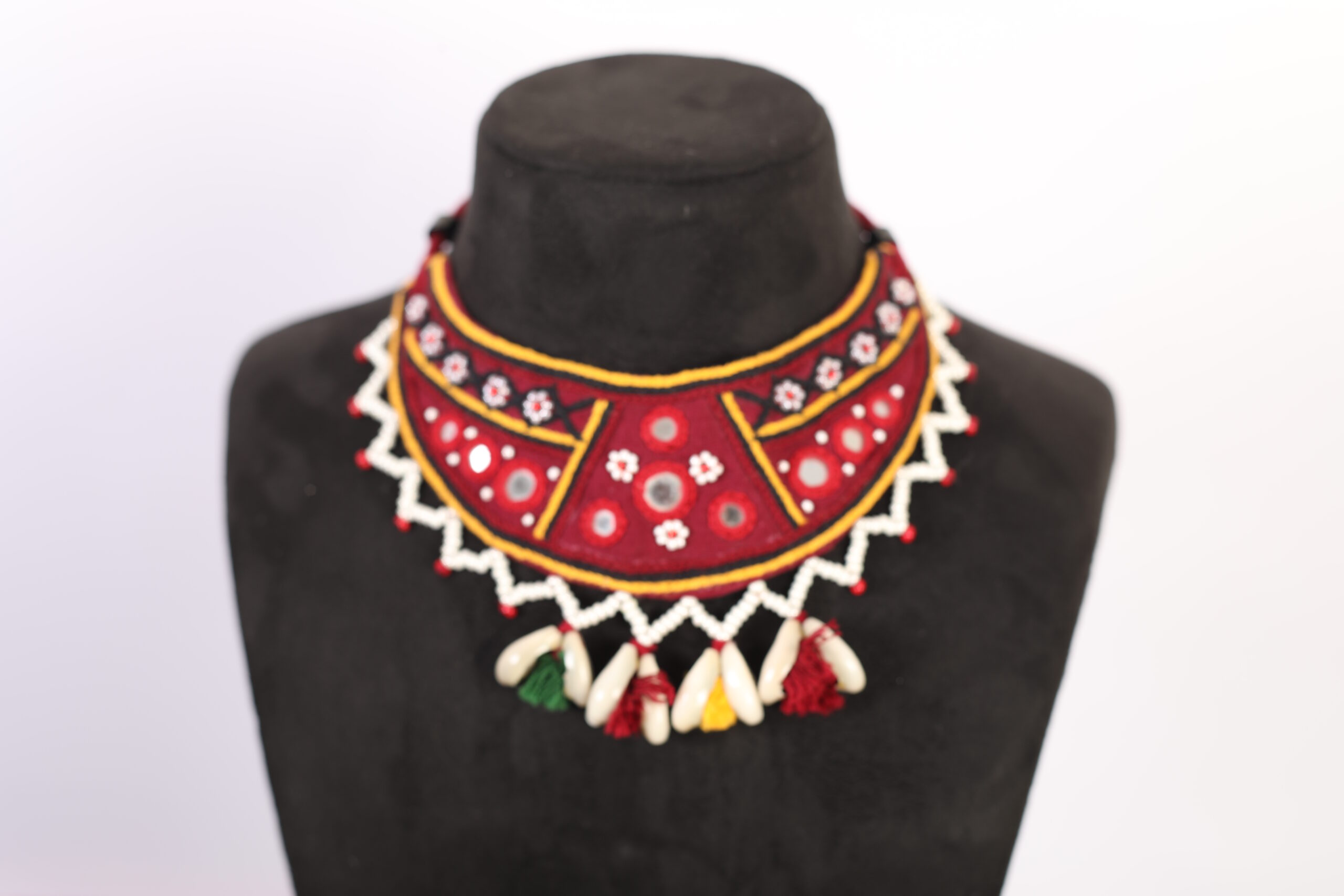handcrafted GORMAATI mirror work choker necklace set with shell drops