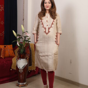 elegant tussar silk kurti with handcrafted embroidery & pocket detailing