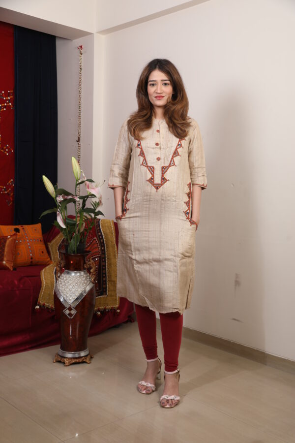 elegant tussar silk kurti with handcrafted embroidery & pocket detailing
