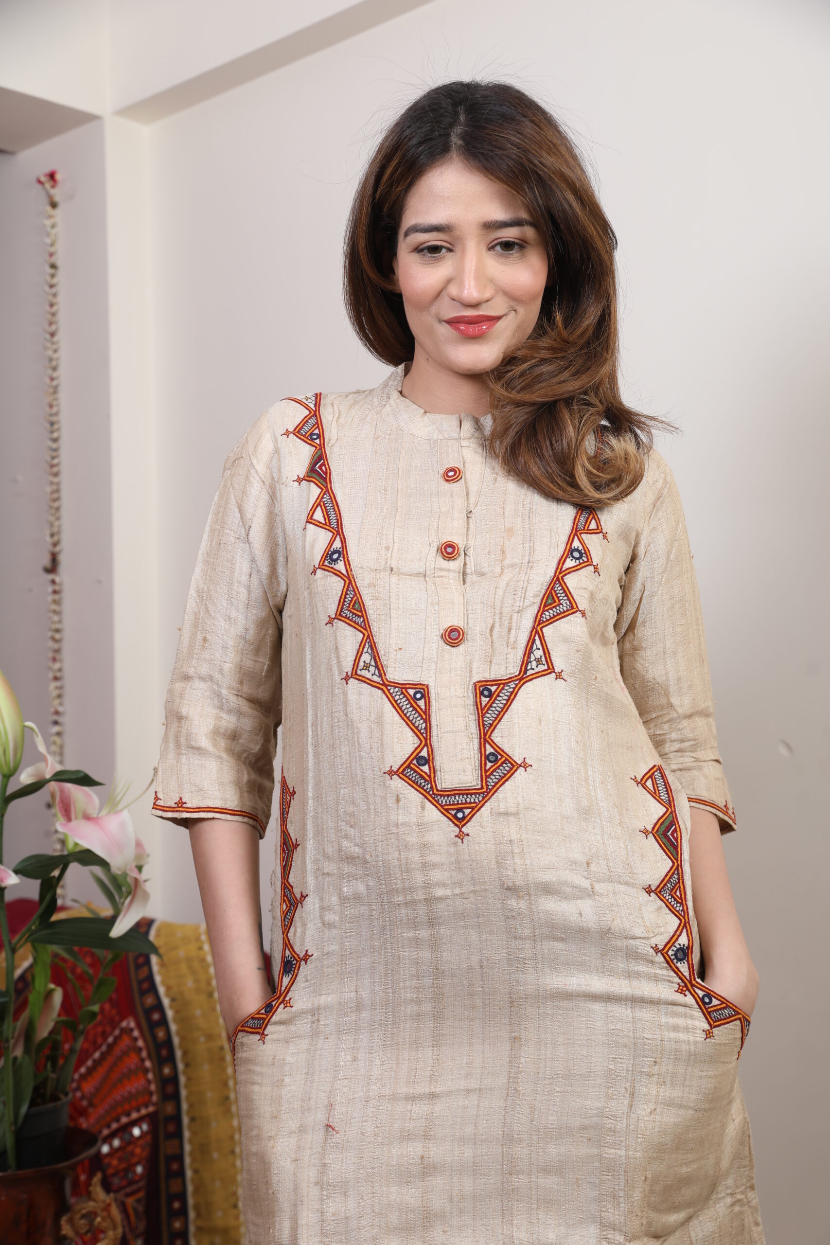 elegant tussar silk kurti with handcrafted embroidery & pocket detailing
