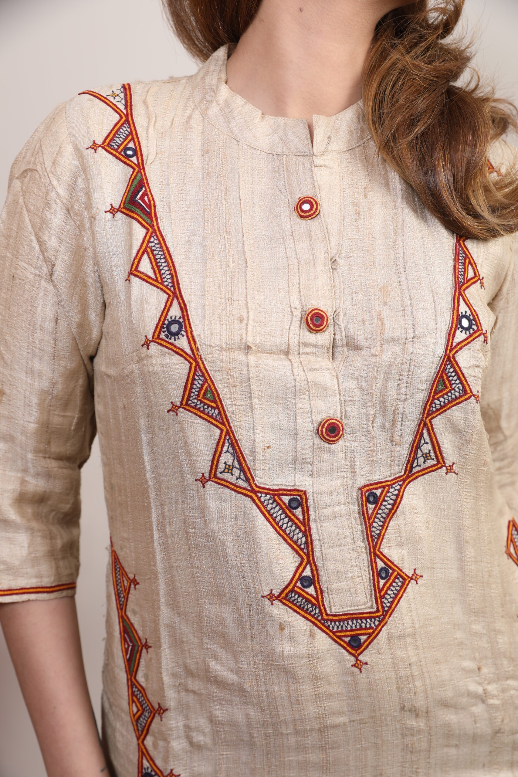 elegant tussar silk kurti with handcrafted embroidery & pocket detailing