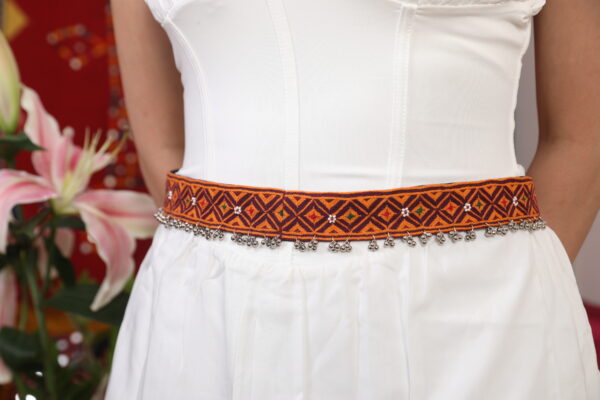 handcrafted orange Gormaati embroidered waist belt | ethnic Traditional kamarbandh with ghungroo detailing