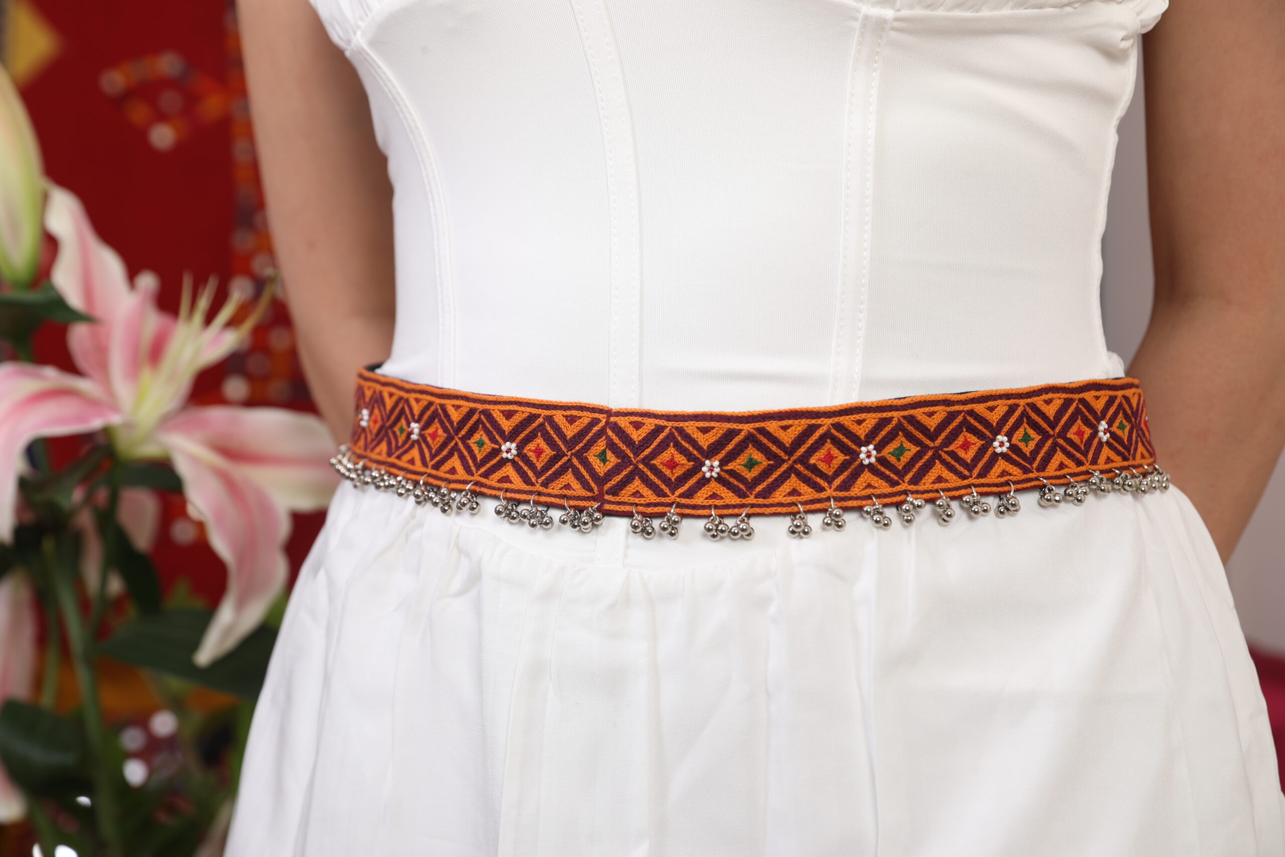 handcrafted orange Gormaati embroidered waist belt | ethnic Traditional kamarbandh with ghungroo detailing