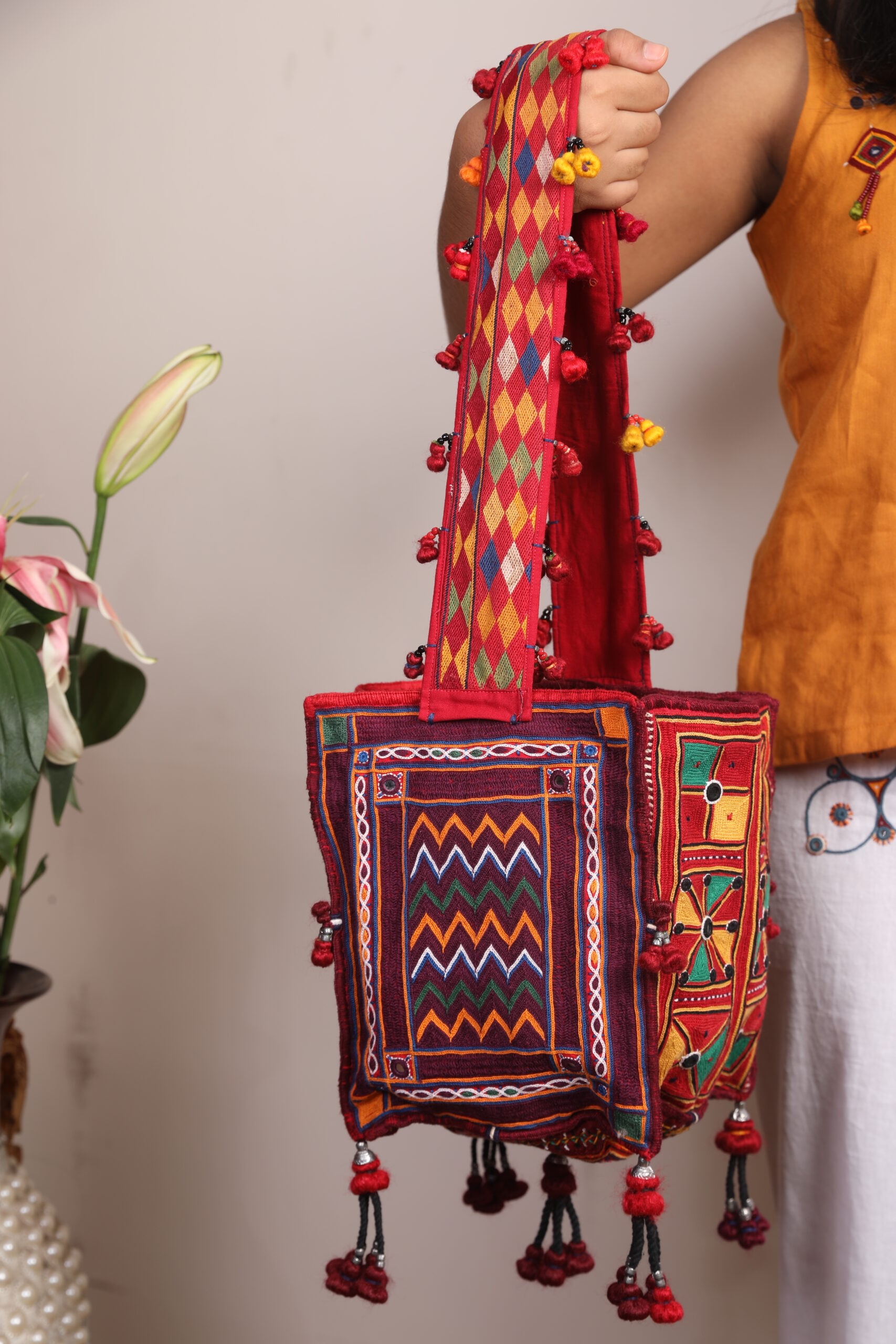 handcrafted banjara embroidered sling bag with tassels | multicolor ethnic crossbody bag for women