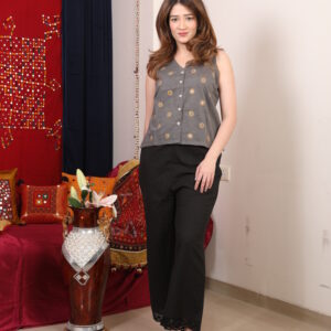 chic embroidered co ord set with sleeveless top & straight pants