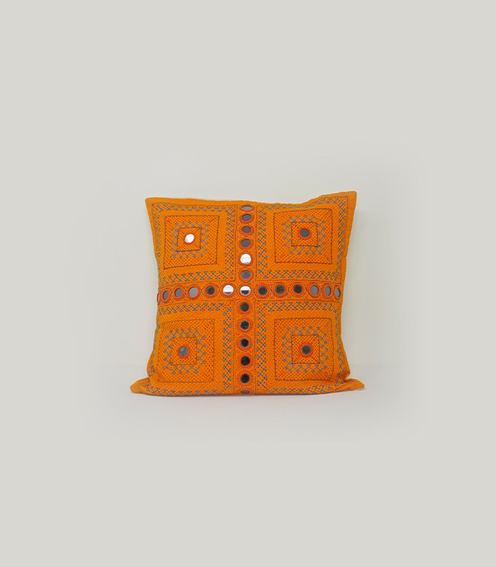 handcrafted embroidered cushion cover with mirror work – orange