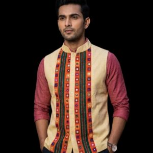 men’s beige embroidered ethnic nehru jacket with multicolor panel design