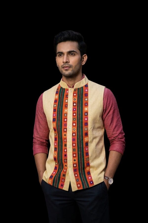 men’s beige embroidered ethnic nehru jacket with multicolor panel design